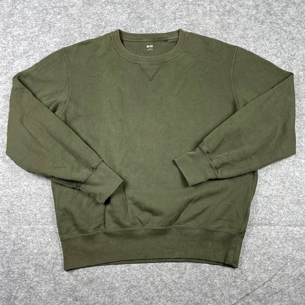 Uniqlo Sweatshirt Mens M Olive Green Crewneck V-Stitch French Terry Pullover